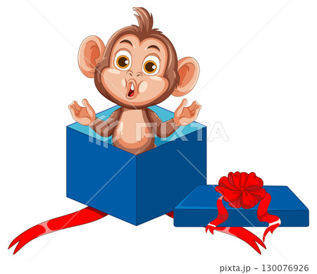 Surprised Cartoon Monkey Popping Out of Gift Box 130076926