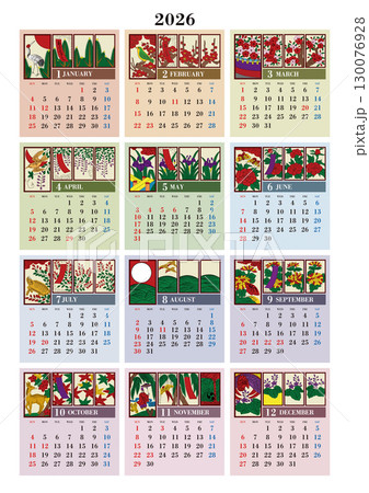 2026年の花札年間カレンダー 日曜始まり 130076928