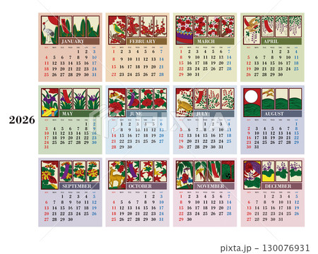 2026年の花札年間カレンダー 日曜始まり 日本の祝日表記は無し 130076931