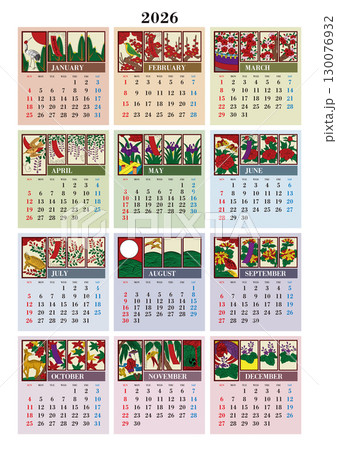 2026年の花札年間カレンダー 日曜始まり 日本の祝日表記は無し 2026年の花札年間カレンダー 日曜始まり 日本の祝日表記は無し 130076932