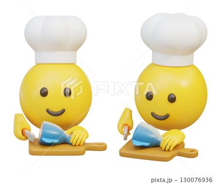 Chef Emoji Chopping Meat on Wooden Board 3D Cartoon Style 130076936