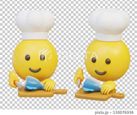 Chef Emoji Chopping Meat on Wooden Board 3D Cartoon Style 130076936