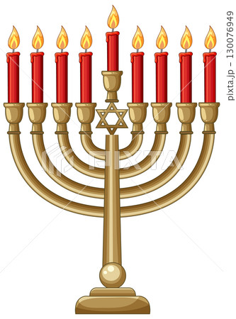 Golden Hanukkah Menorah with Nine Lit Red Candles 130076949
