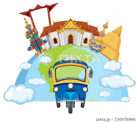 Colorful Thai Cultural Landmarks and Tuk-Tuk Illustration 130076966
