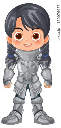 Smiling Young Girl in Shiny Silver Knight Armor 130076973
