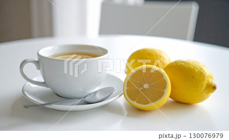 レモンとレモンティーが白いテーブルに置かれている背景 130076979