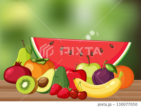 Assorted Fresh Fruits on Wooden Table with Watermelon Slice Assorted Fresh Fruits on Wooden Table with Watermelon Slice 130077050