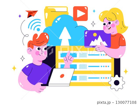 Cloud Storage Vector Illustration featuring Computing with Global Connection Network, File Transfer, and Data Center in a Flat Style Background 130077108