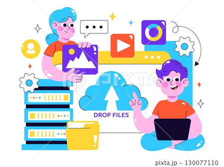 Cloud Storage Vector Illustration featuring Computing with Global Connection Network, File Transfer, and Data Center in a Flat Style Background Cloud Storage Vector Illustration featuring Computing with Global Connection Network, File Transfer, and Data Center in a Flat Style Background 130077110