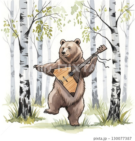 Brown bear, Ursus arctos dancing, holding a triangular stringed instrument, a balalaika among birch trees 130077387