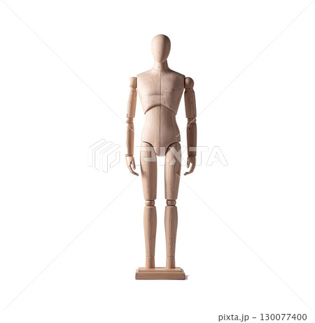 Wooden mannequin standing on white background 130077400