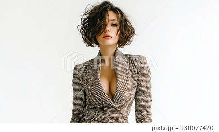 Businesswoman wearing brown suit posing on white background 130077420