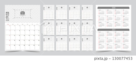 Monthly calendar template for 2026 year. The Week start on Sunday. Desk calendar 2026 design, simple and clean design, Wall calendar for print, digital calendar, Corporate design planner template 130077453