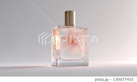 Elegant perfume bottle displaying delicate pink flower inside 130077455