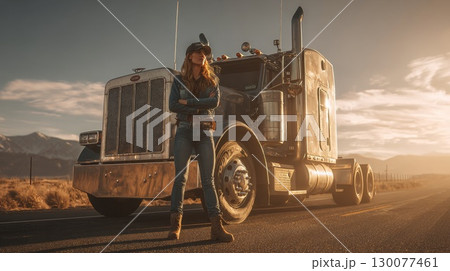 Female trucker posing with semi-truck at sunset on a desert road 130077461
