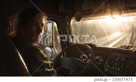Truck driver contemplating the road ahead at golden hour 130077473