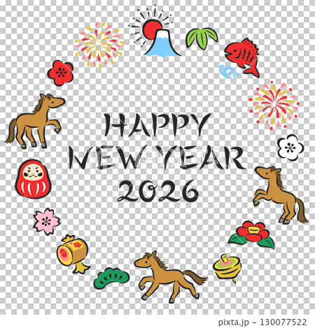 Hand-drawn New Year's circular frame for the Year of the Horse Hand-drawn New Year's circular frame for the Year of the Horse 130077522