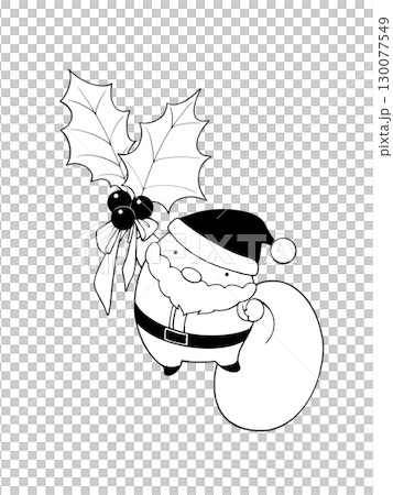 ヒイラギにつかまって飛ぶサンタクロースの白黒イラスト 130077549