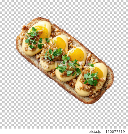 Chicken Liver Mousse Canape on Crisp Sourdough Base with Quince Gel and Crushed Hazelnuts 130077819