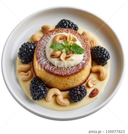 Nutty Cashew Vanilla Financier Cake with Powdered Sugar and Fresh Blackberries on a Creamy Cashew Sauce Plate 130077823