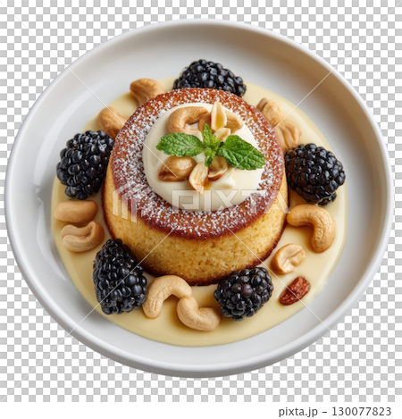 Nutty Cashew Vanilla Financier Cake with Powdered Sugar and Fresh Blackberries on a Creamy Cashew Sauce Plate 130077823