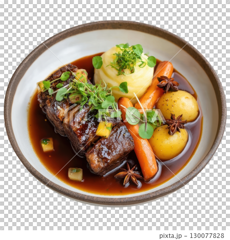 Delicious Braised Oxtail with Star Anise Glaze and Smoked Rutabaga Mash and Baby Carrots on a Light Plate Delicious Braised Oxtail with Star Anise Glaze and Smoked Rutabaga Mash and Baby Carrots on a Light Plate 130077828