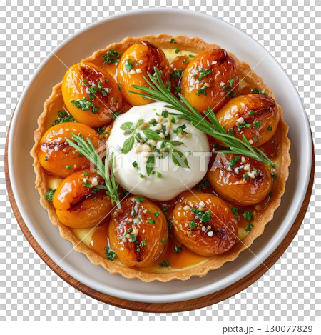 Roasted Apricot Tart with Rosemary Glaze on Crisp Pastry Base Featuring Herbal Garnish and Creamy Topping 130077829