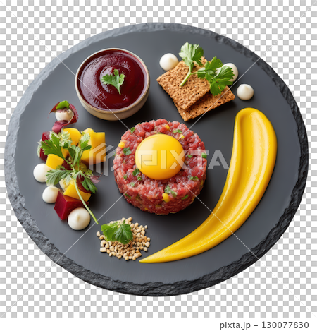 Bison Tartare with Smoked Huckleberry and Pickled Wild Onion Served on a Slate Plate Bison Tartare with Smoked Huckleberry and Pickled Wild Onion Served on a Slate Plate 130077830