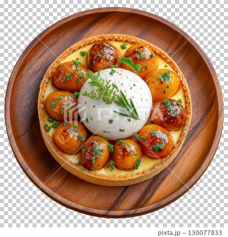 Delightful Apricot Tart with Rosemary Glaze on Crisp Pastry Base Garnished with Fresh Herbs and Roasted Fruits 130077833