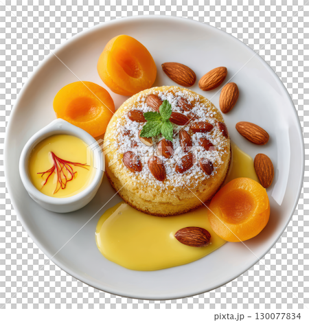 Almond and Saffron Financier with Fresh Apricots and Almond Cream on a White Plate 130077834
