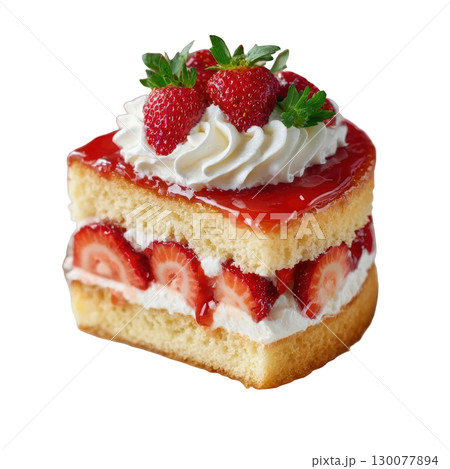 Fluffy Strawberry Shortcake Layered with Whipped Cream and Fresh Strawberries Topped with Glossy Strawberry Glaze 130077894