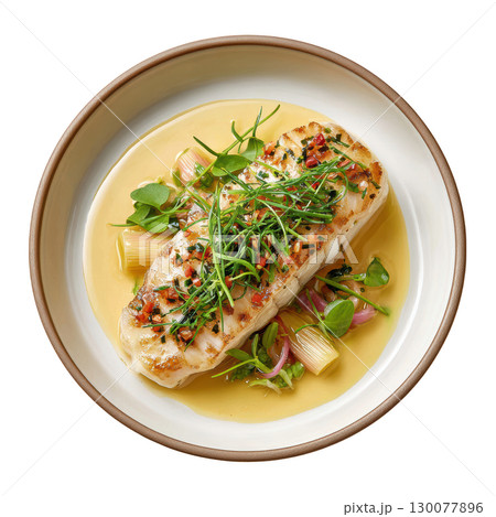 Steamed Lingcod Fillet with Dashi Butter Sauce and Baby Bamboo Shoots on Elegant Plate 130077896