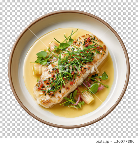 Steamed Lingcod Fillet with Dashi Butter Sauce and Baby Bamboo Shoots on Elegant Plate 130077896