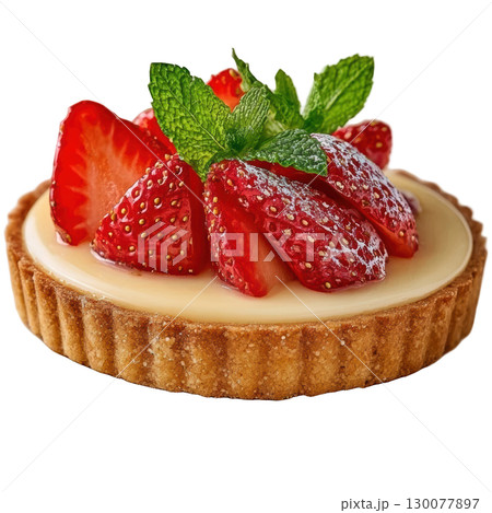 Refreshing Strawberry Mint Tart with Creamy Filling and Fresh Strawberries on Golden Crust 130077897