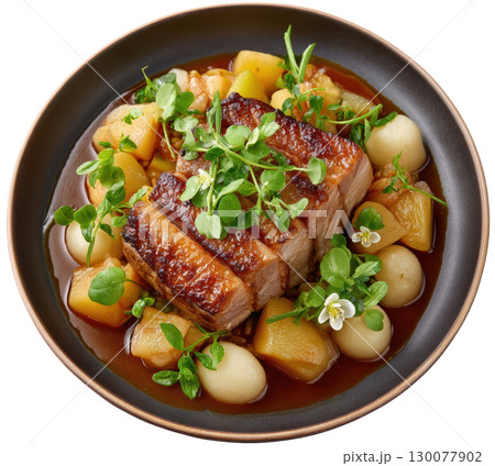 Slow Roasted Pork Belly with Crispy Skin and Cider Mustard Reduction Served with Apple Puree and Braised Turnips 130077902