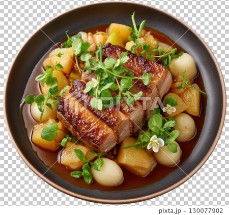 Slow Roasted Pork Belly with Crispy Skin and Cider Mustard Reduction Served with Apple Puree and Braised Turnips 130077902