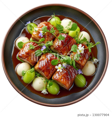 Tender Slow Roasted Pork Belly with Crispy Skin, Cider Mustard Reduction and Apple Puree Served with Turnips 130077904
