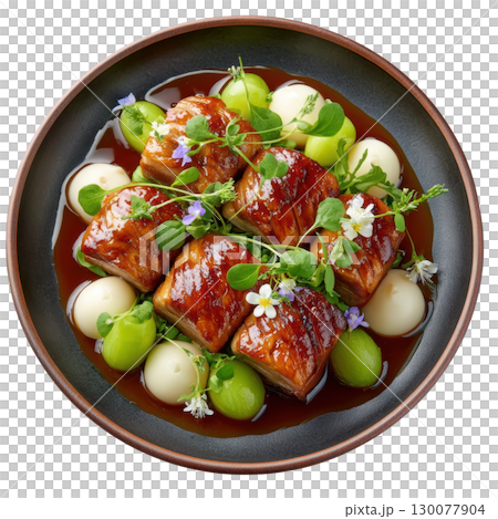 Tender Slow Roasted Pork Belly with Crispy Skin, Cider Mustard Reduction and Apple Puree Served with Turnips 130077904