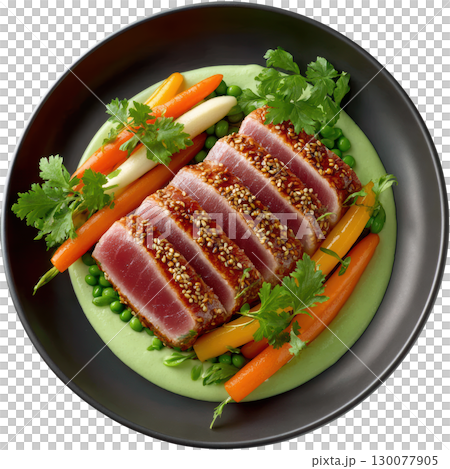 Lightly Seared Yellowfin Tuna with Sesame Crust and Wasabi Pea Puree Garnished with Pickled Carrots and Fresh Herbs 130077905