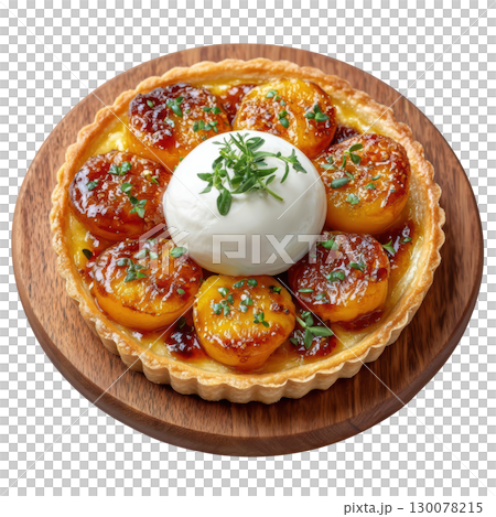 Roasted Nectarine Tart with Thyme Glaze and Ricotta Quenelle on Crisp Pastry Base 130078215
