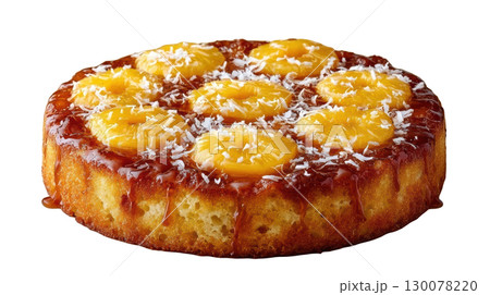 Delicious Upside Down Cake with Caramelized Mango Slices and Shredded Coconut Topping 130078220