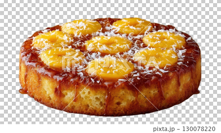 Delicious Upside Down Cake with Caramelized Mango Slices and Shredded Coconut Topping 130078220