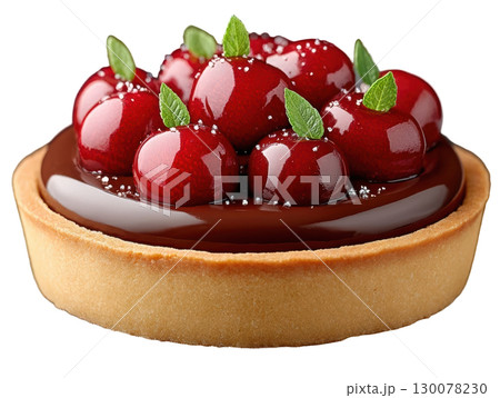 Dark Chocolate Cherry Tart with Glossy Ganache Topped with Fresh Cherries and Mint Leaves 130078230