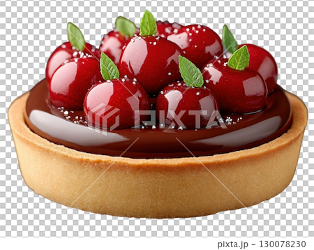 Dark Chocolate Cherry Tart with Glossy Ganache Topped with Fresh Cherries and Mint Leaves 130078230