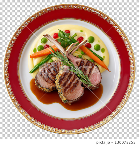 Herb-Crusted Rack of Lamb with Baby Carrots and Pea Puree Decoration on Elegant Plate Herb-Crusted Rack of Lamb with Baby Carrots and Pea Puree Decoration on Elegant Plate 130078255