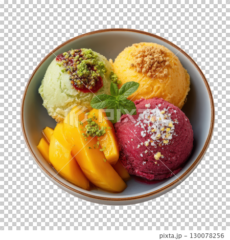Exotic Trio of Fruit Sorbets with Mango, Lychee, and Dragon Fruit Garnished with Herb and Lime Zest 130078256