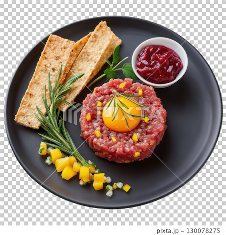 Finely Diced Venison Tartare with Smoked Lingonberry and Pickled Spruce Tips Served with Rye Crisps and Raw Egg Yolk 130078275