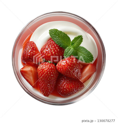 Delightful Strawberry Mint Fool with Layered Puree, Cream, Fresh Strawberries, and Crisp Mint Tuile 130078277