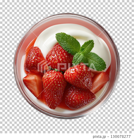 Delightful Strawberry Mint Fool with Layered Puree, Cream, Fresh Strawberries, and Crisp Mint Tuile 130078277