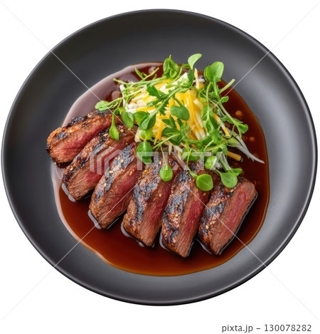 Seared Wagyu Beef Tataki Served with Truffle Soy Glaze and Daikon Radish Julienne in Elegant Plating 130078282